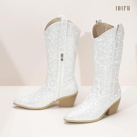 🆕Women White Rhinestone Manmade Material Mid Calf Cowgirl Pointed Toe Boots - Picture 6 of 8